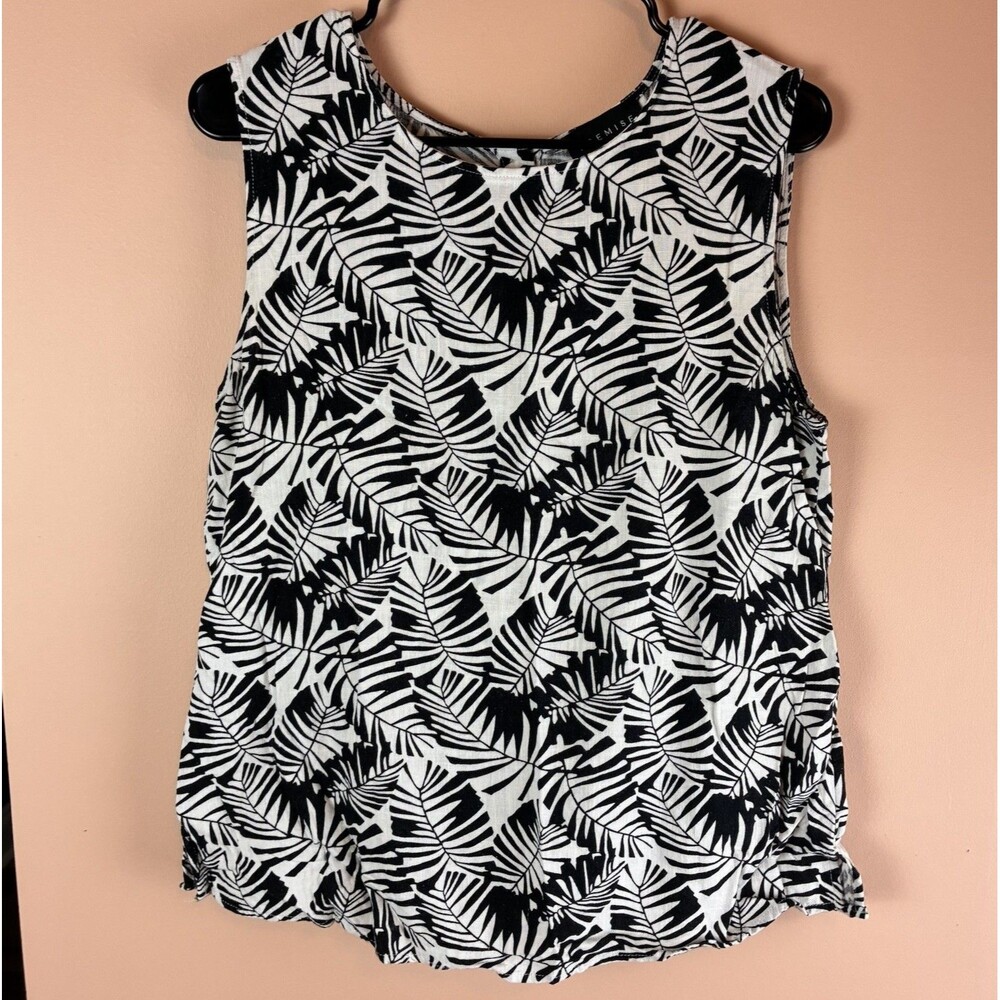 Premise Back Button Sleeveless Linen Blend Blouse Black/White Leaves Size Medium